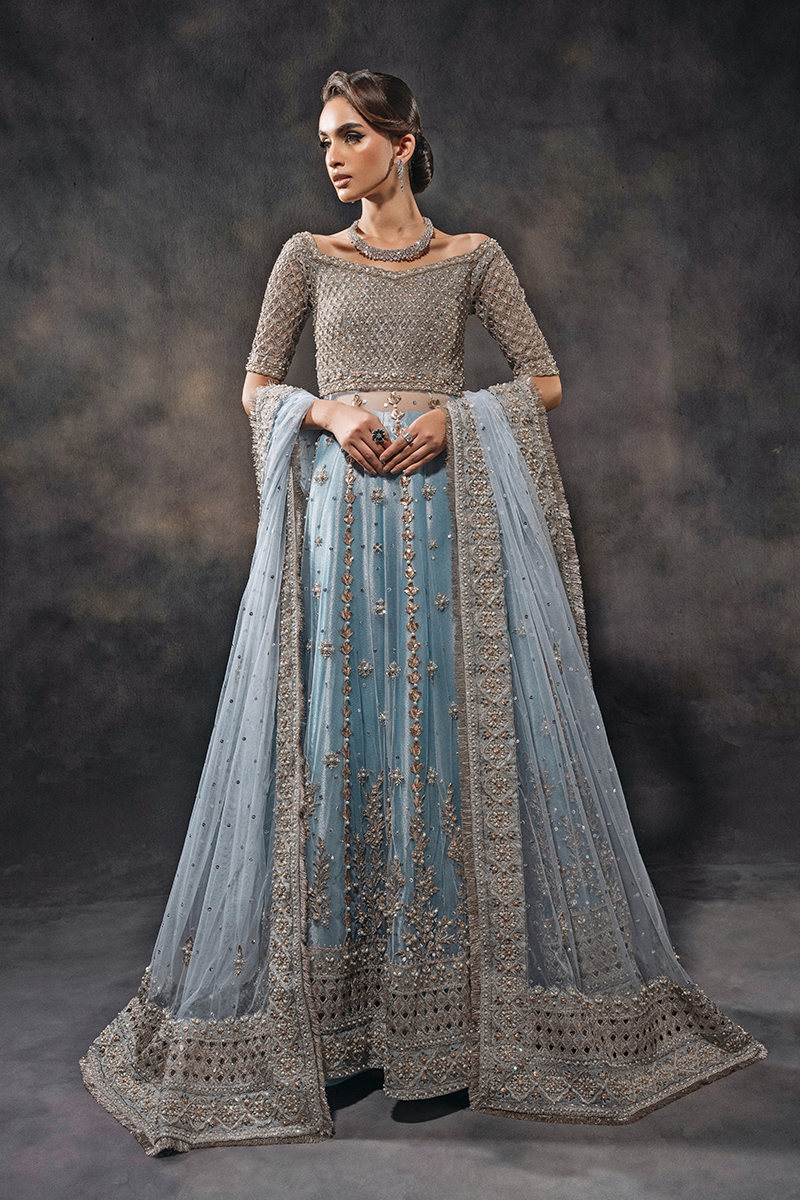 Indian Sky Blue Hand-Embellished Tulle Zari Kalidar Lehenga (3-Piece) - Image 3