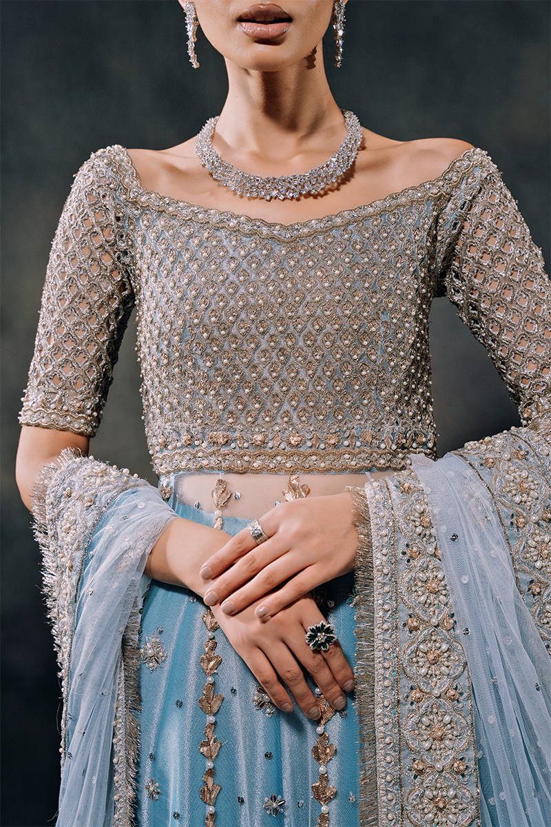 Indian Sky Blue Hand-Embellished Tulle Zari Kalidar Lehenga (3-Piece) - Image 4