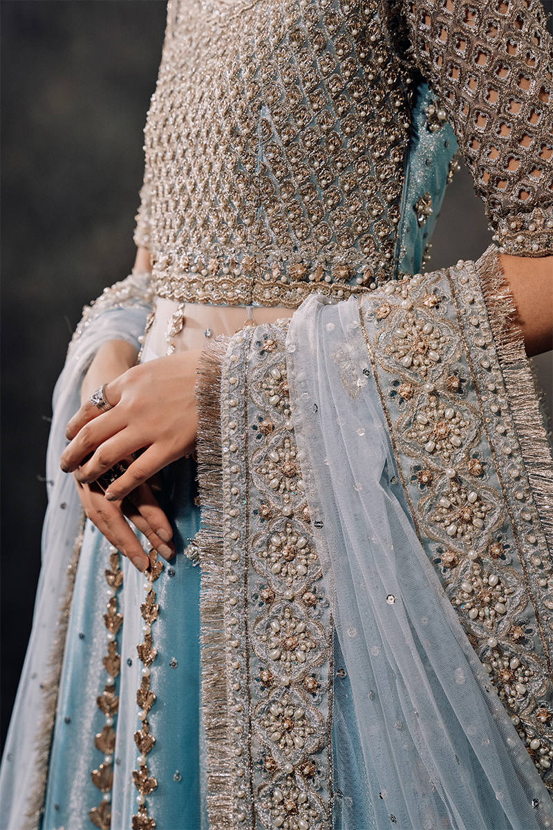 Indian Sky Blue Hand-Embellished Tulle Zari Kalidar Lehenga (3-Piece) - Image 6