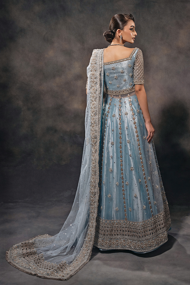 Indian Sky Blue Hand-Embellished Tulle Zari Kalidar Lehenga (3-Piece) - Image 8