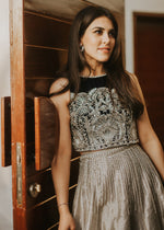 Blue Embroidered Velvet Choli with Silver Tissue Lehenga (2-Piece) - Image 3