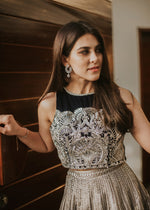 Blue Embroidered Velvet Choli with Silver Tissue Lehenga (2-Piece) - Image 4