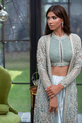 Pakistani Ice Blue Crystal Embellished Organza & Velvet Lehenga (3-Piece) - Image 3