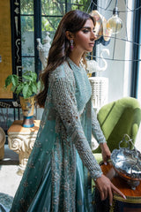 Pakistani Ice Blue Crystal Embellished Organza & Velvet Lehenga (3-Piece) - Image 4