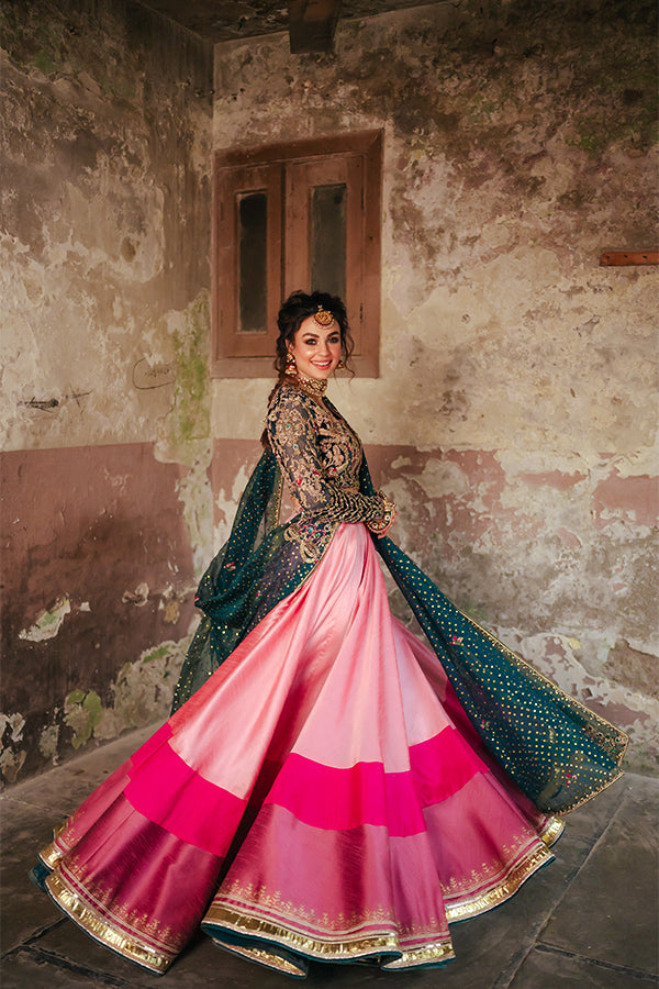 Pakistani Jade Blue Embroidered Velvet Choli with Pink Silk Lehenga (3-Piece) - Image 1