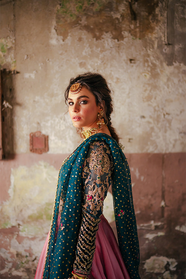 Pakistani Jade Blue Embroidered Velvet Choli with Pink Silk Lehenga (3-Piece) - Image 2