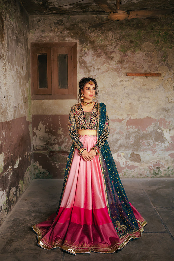 Pakistani Jade Blue Embroidered Velvet Choli with Pink Silk Lehenga (3-Piece) - Image 5