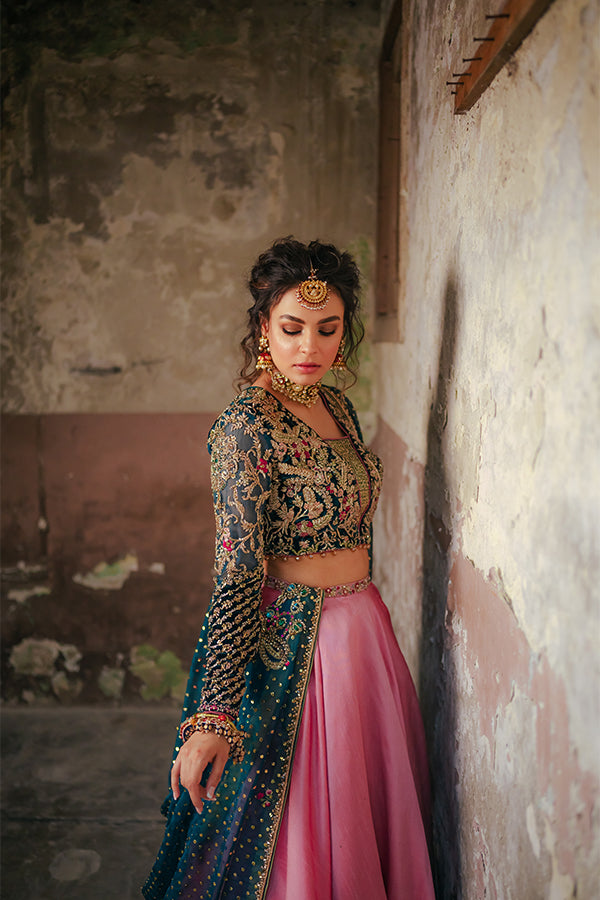 Pakistani Jade Blue Embroidered Velvet Choli with Pink Silk Lehenga (3-Piece) - Image 6