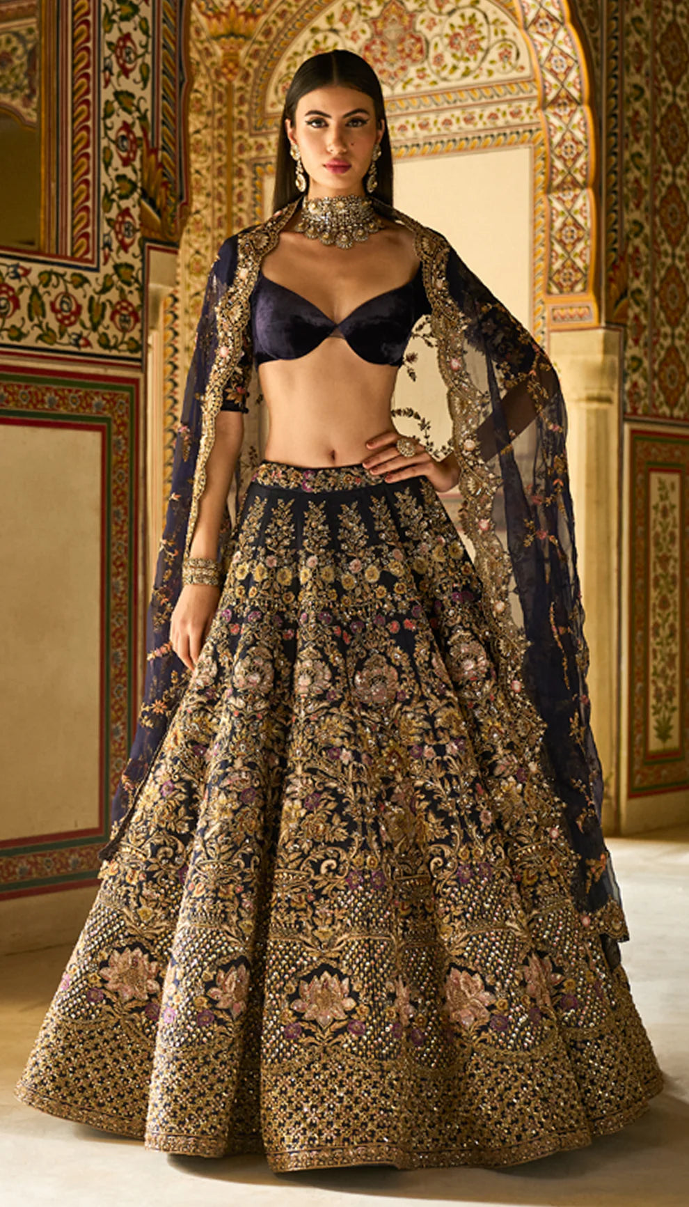 Indian Midnight Blue Embroidered Velvet Lehenga (3-Piece) - Image 1