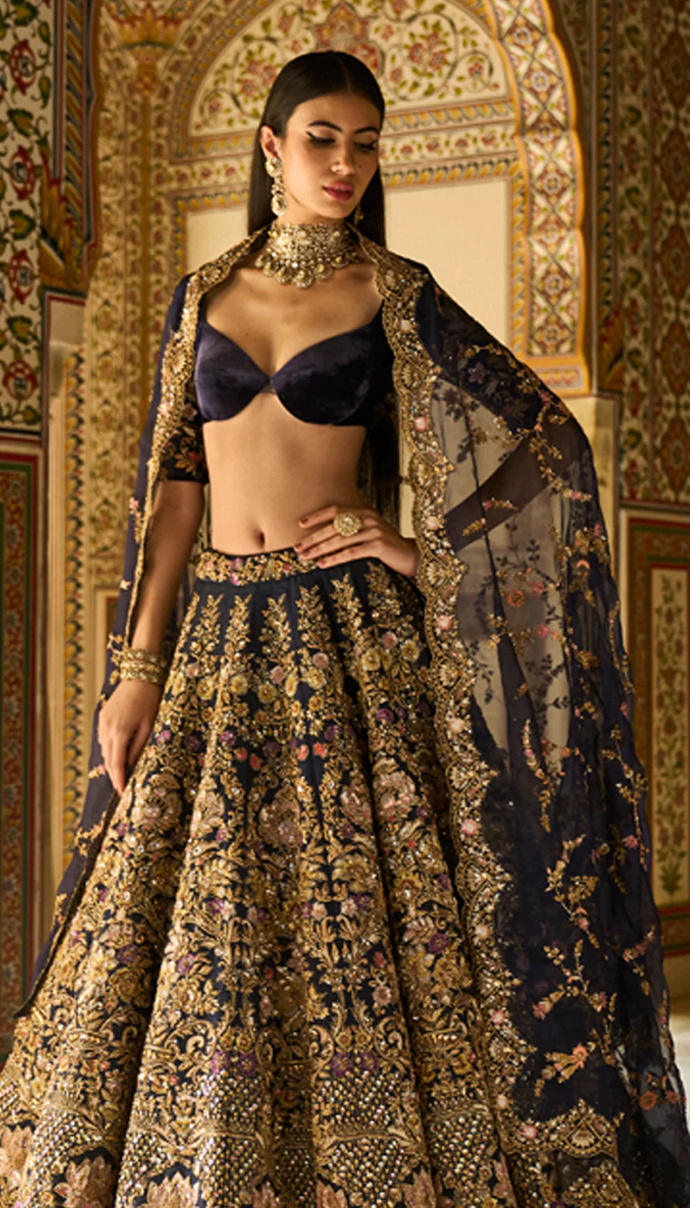 Indian Midnight Blue Embroidered Velvet Lehenga (3-Piece) - Image 2