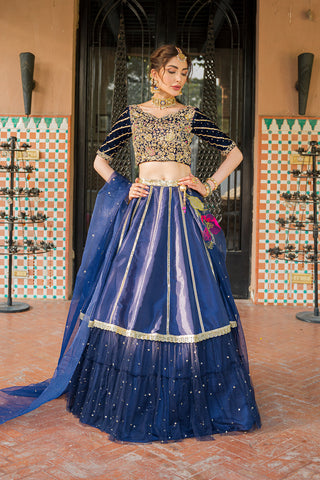 Pakistani Royal Blue Embroidered Velvet & Raw Silk Lehenga (3-Piece) - Image 2