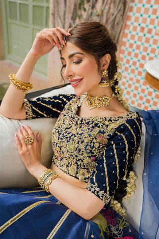 Pakistani Royal Blue Embroidered Velvet & Raw Silk Lehenga (3-Piece) - Image 3