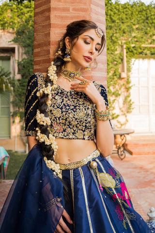 Pakistani Royal Blue Embroidered Velvet & Raw Silk Lehenga (3-Piece) - Image 4