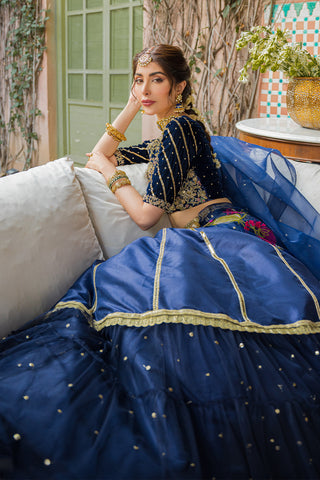 Pakistani Royal Blue Embroidered Velvet & Raw Silk Lehenga (3-Piece) - Image 5