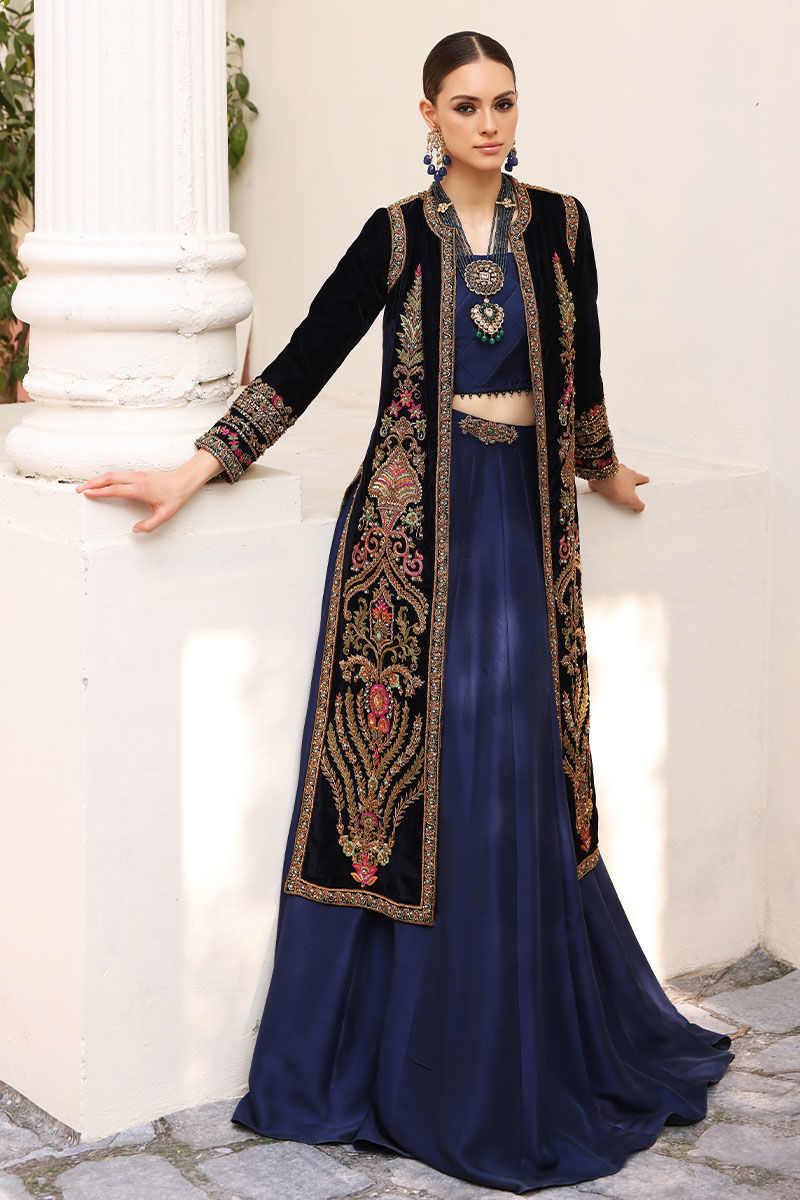 Opal Blue Embroidered Velvet Jacket with Raw Silk Lehenga (3-Piece) - Image 1