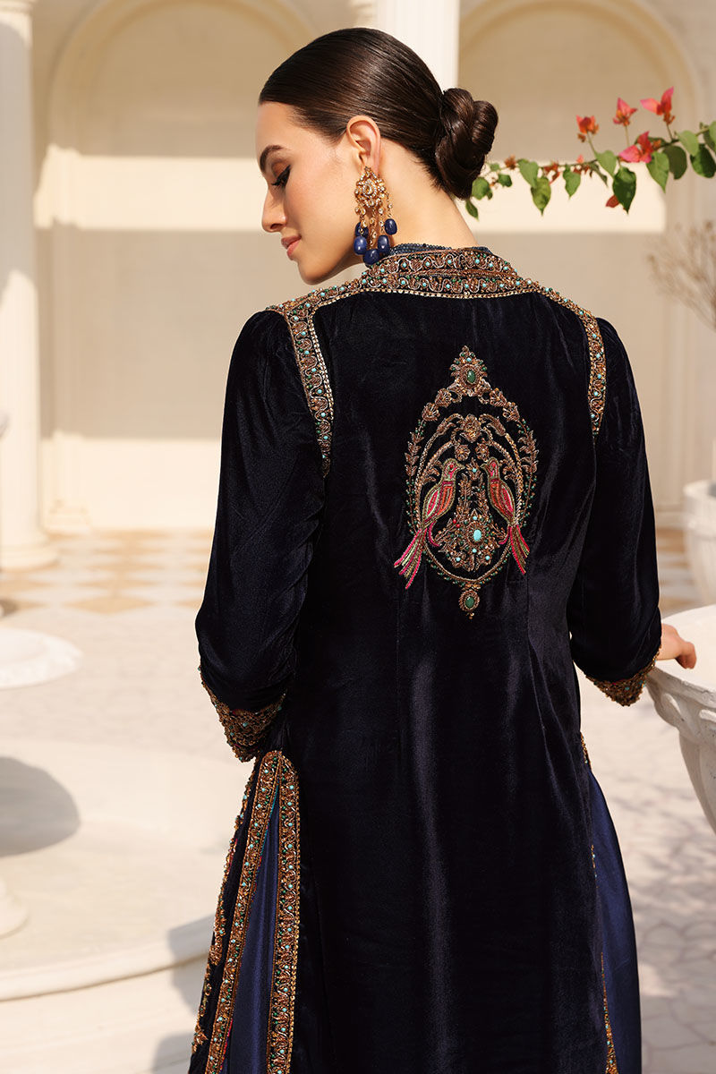 Opal Blue Embroidered Velvet Jacket with Raw Silk Lehenga (3-Piece) - Image 10