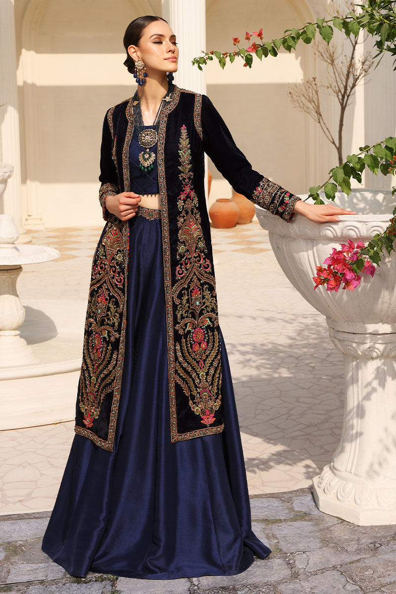 Opal Blue Embroidered Velvet Jacket with Raw Silk Lehenga (3-Piece) - Image 2