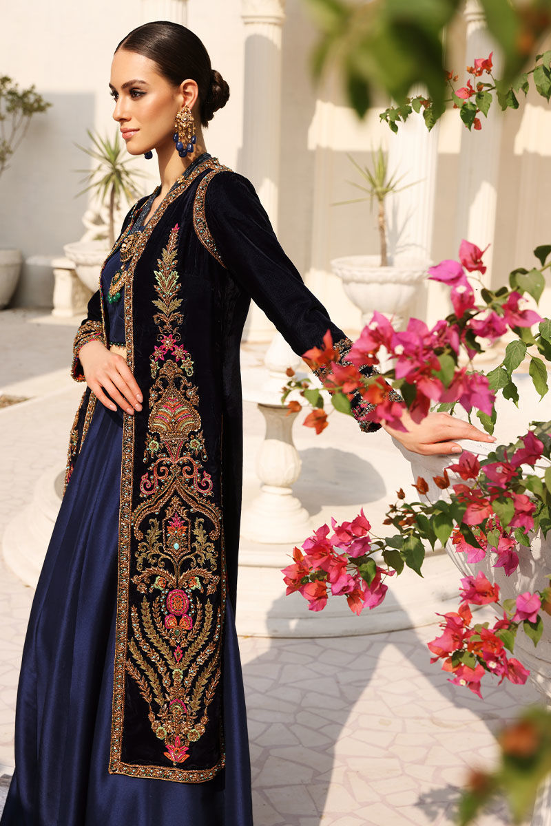 Opal Blue Embroidered Velvet Jacket with Raw Silk Lehenga (3-Piece) - Image 3
