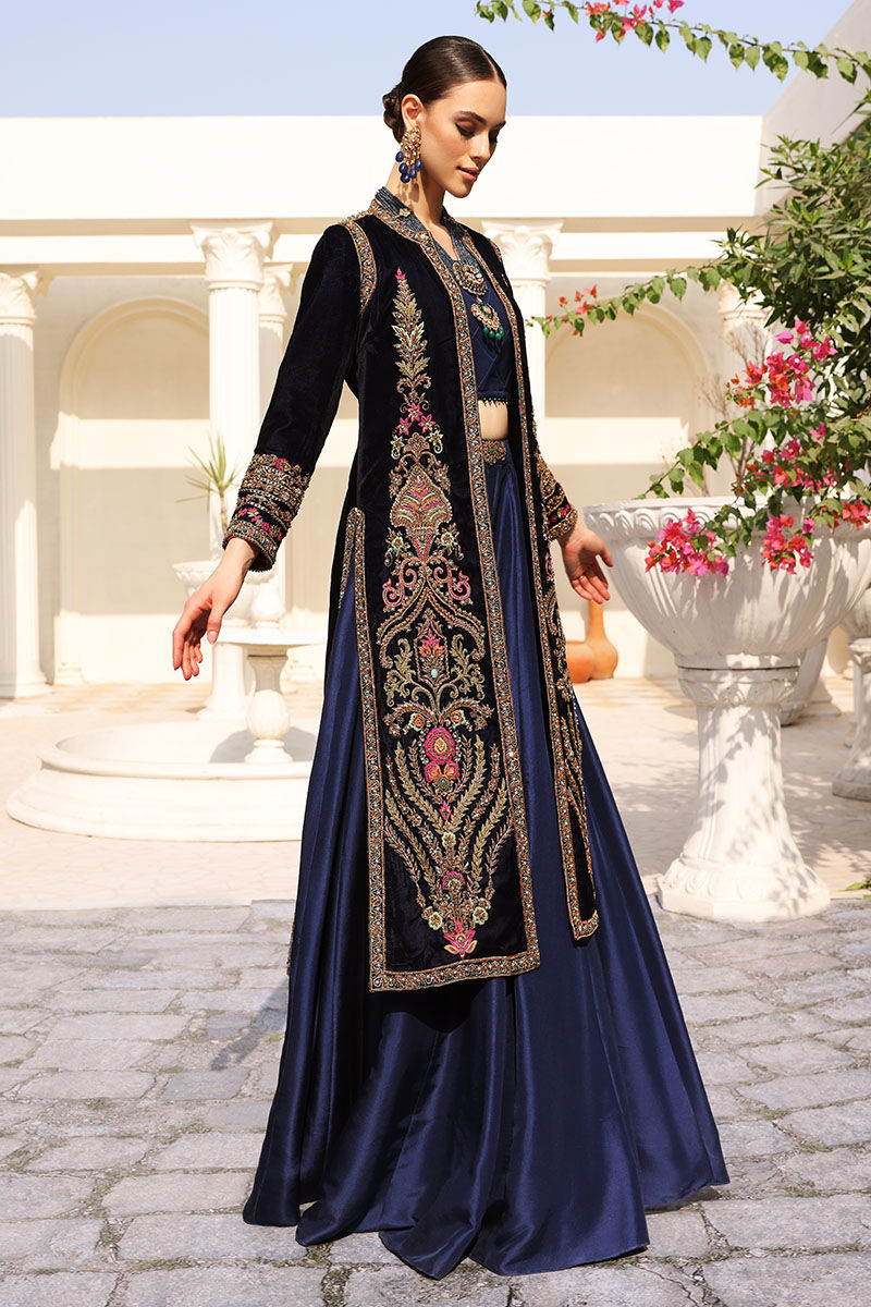 Opal Blue Embroidered Velvet Jacket with Raw Silk Lehenga (3-Piece) - Image 4