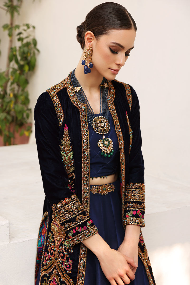 Opal Blue Embroidered Velvet Jacket with Raw Silk Lehenga (3-Piece) - Image 5