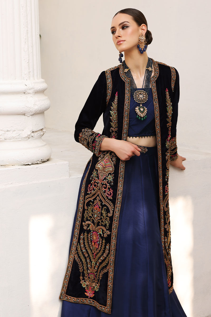 Opal Blue Embroidered Velvet Jacket with Raw Silk Lehenga (3-Piece) - Image 6