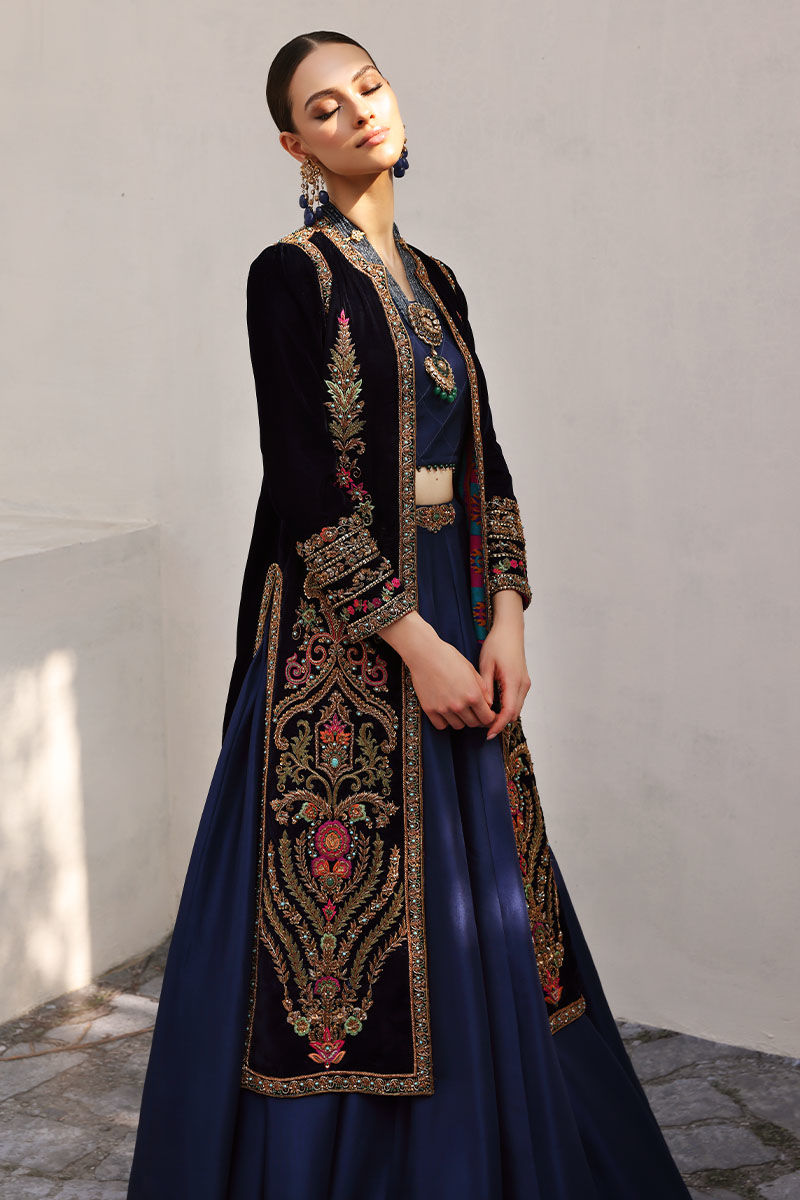 Opal Blue Embroidered Velvet Jacket with Raw Silk Lehenga (3-Piece) - Image 7