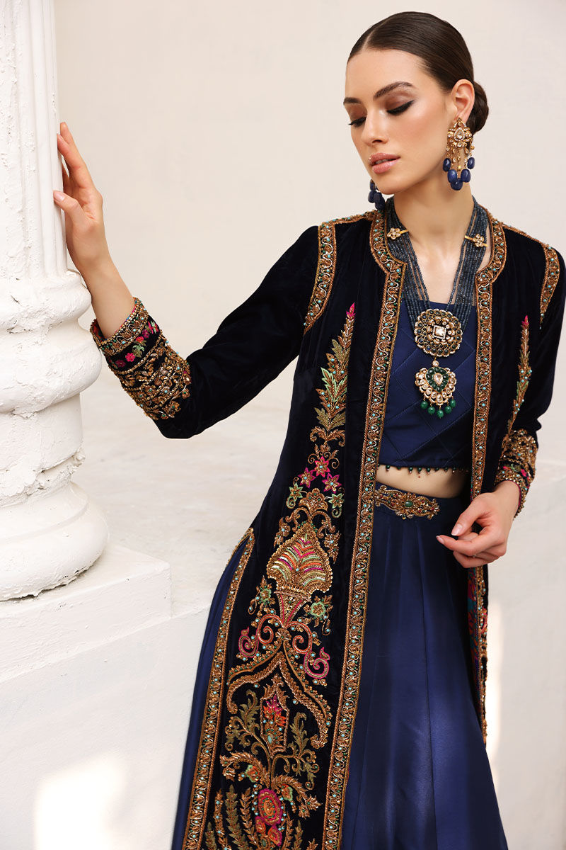 Opal Blue Embroidered Velvet Jacket with Raw Silk Lehenga (3-Piece) - Image 8