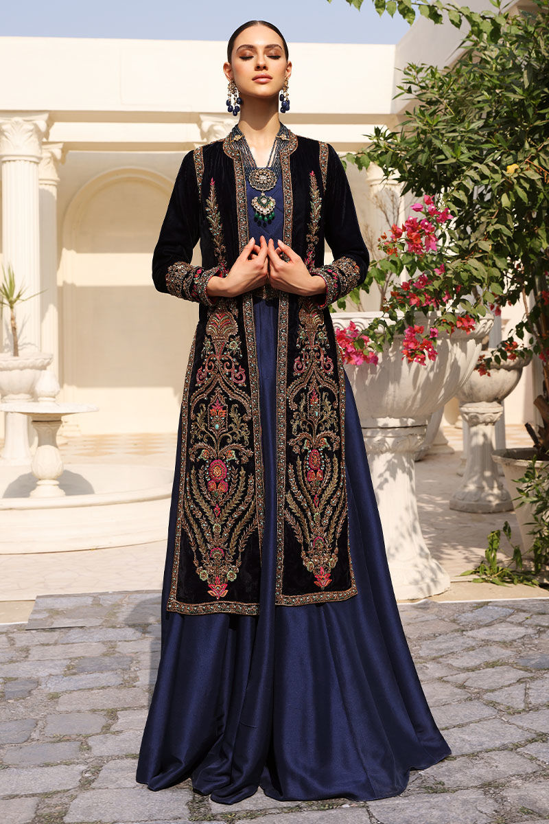 Opal Blue Embroidered Velvet Jacket with Raw Silk Lehenga (3-Piece) - Image 9