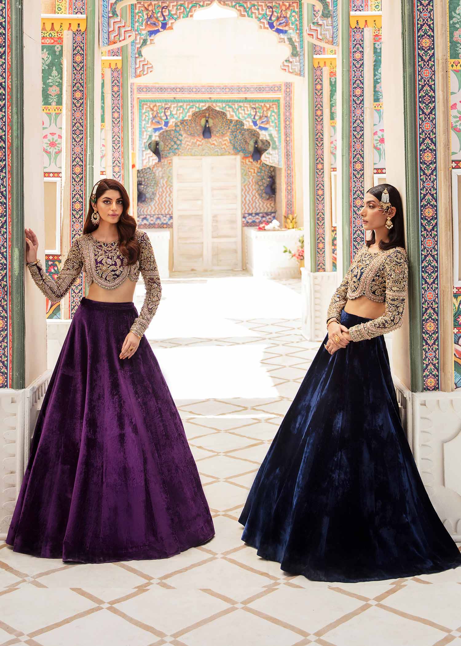 Pakistani Royal Blue Embroidered Organza Choli & Velvet Lehenga (2-Piece) - Image 7
