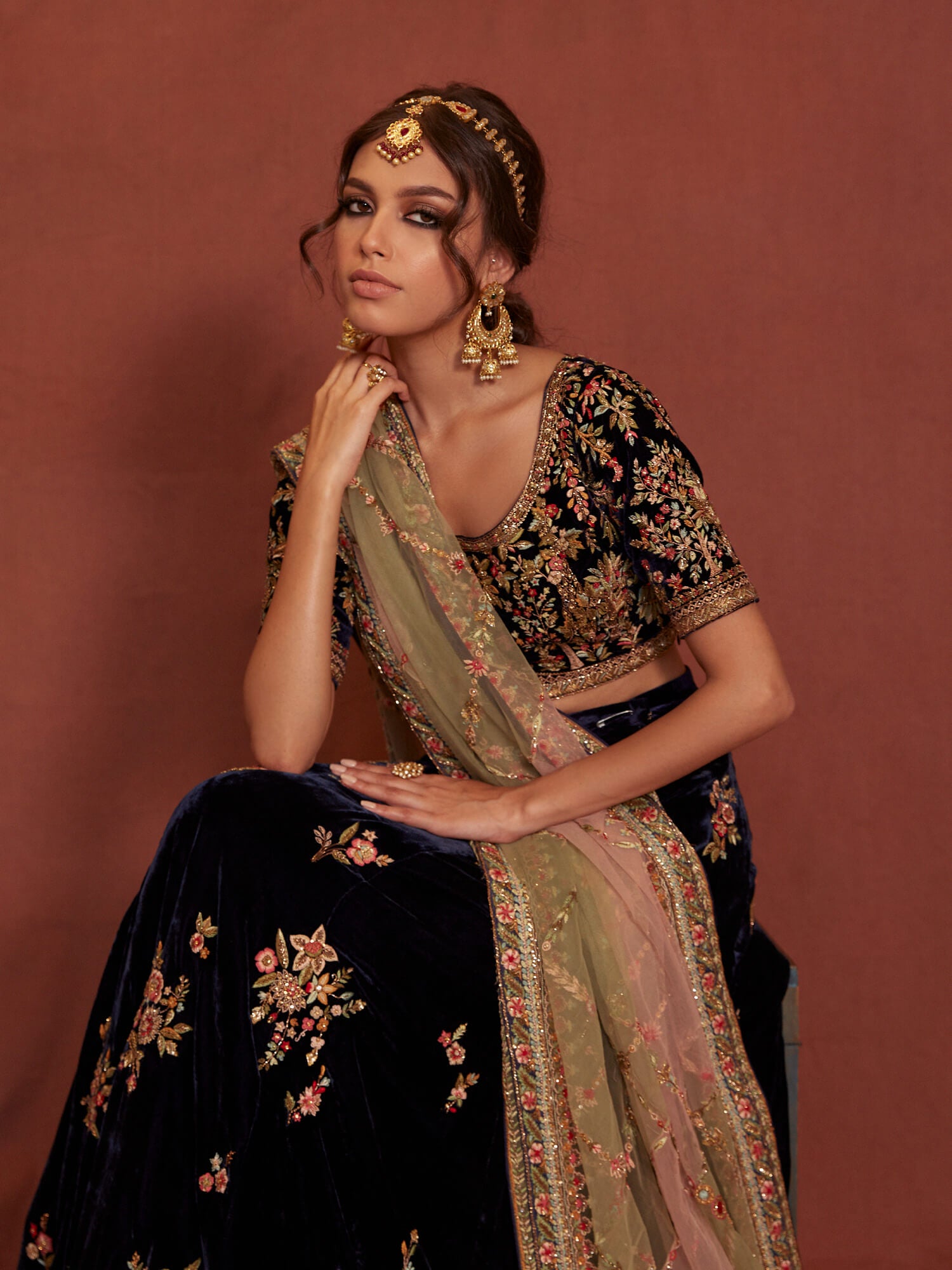 Midnight Blue Embroidered Velvet Lehenga Set (3-Piece) - Image 2