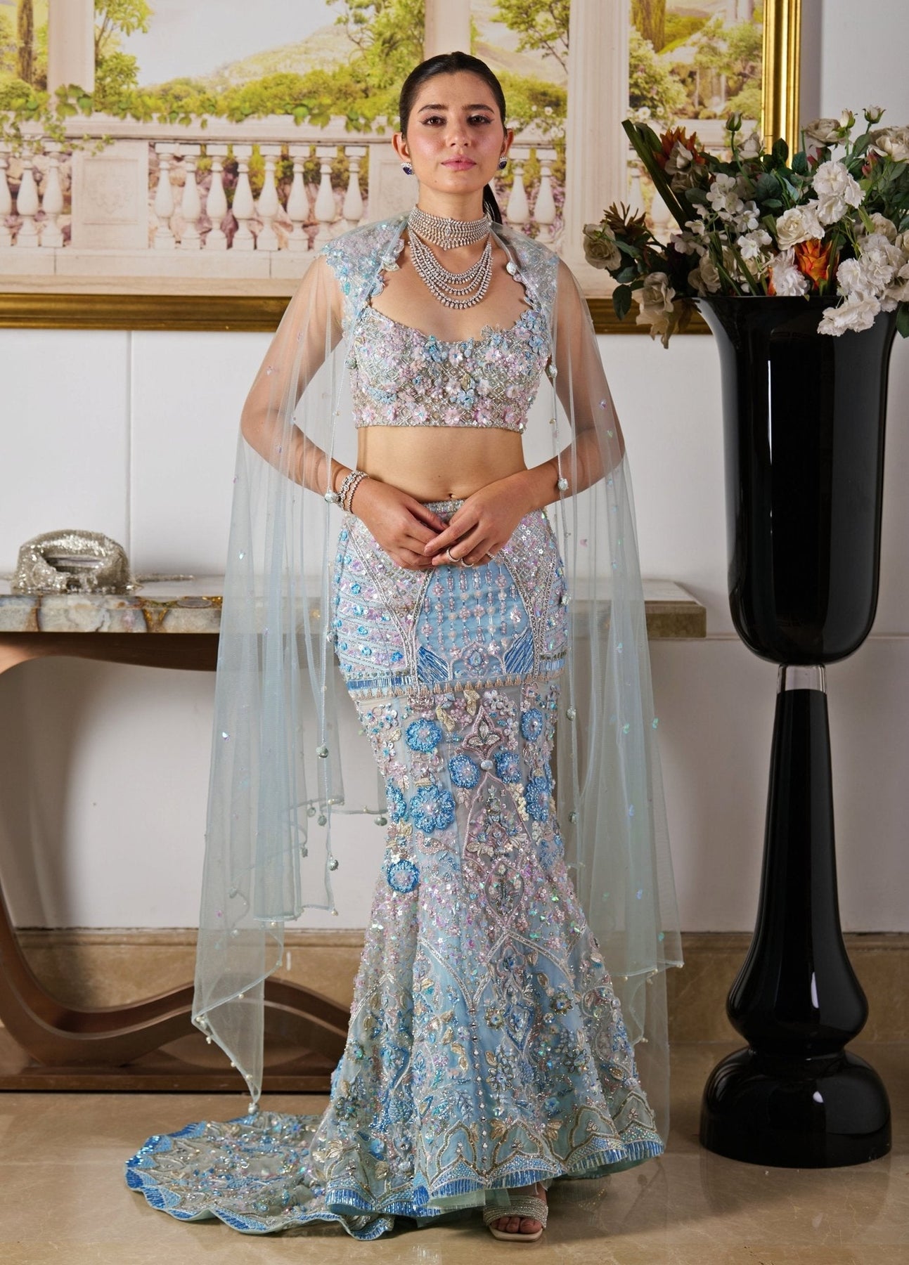 Icy Blue Embroidered Viscose Organza Mermaid Lehenga (3-Piece) - Image 2