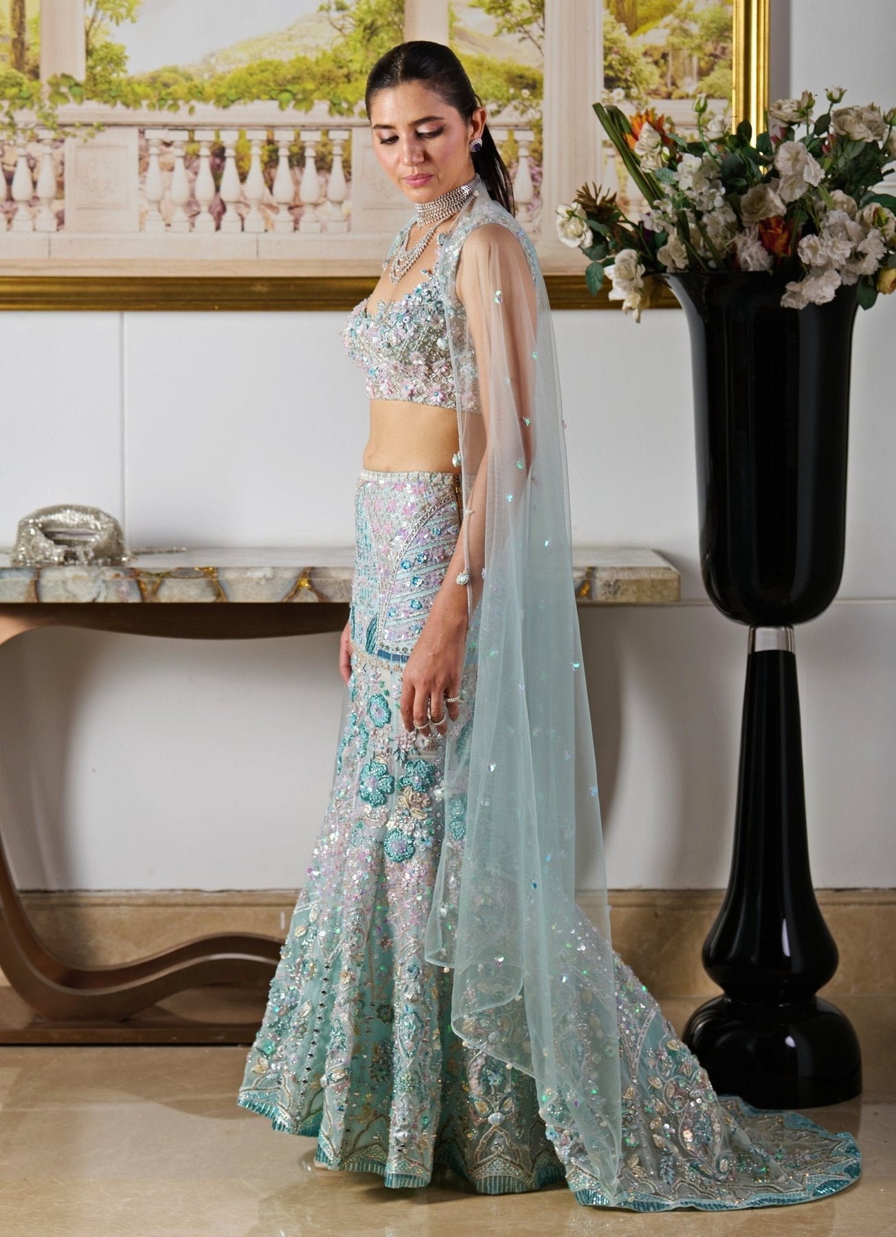Icy Blue Embroidered Viscose Organza Mermaid Lehenga (3-Piece) - Image 3