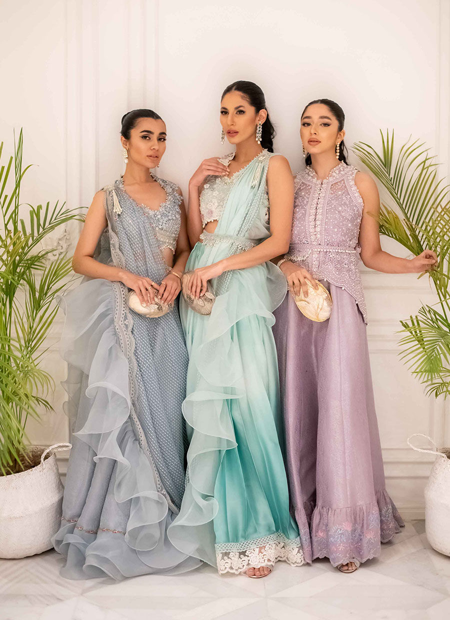 Pakistani Wedgewood Blue Zari Lehenga Saree (3-Piece) - Image 10