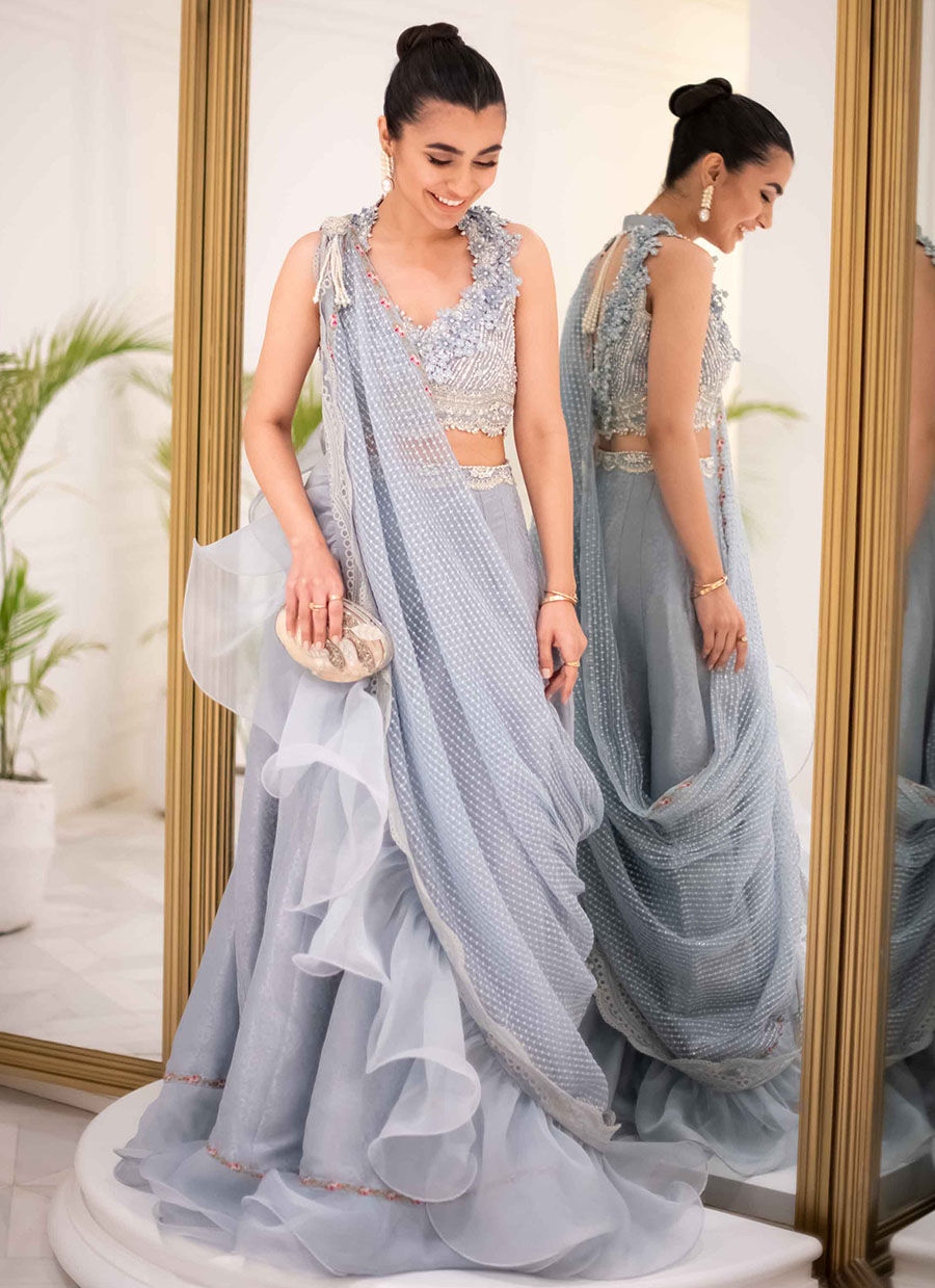 Pakistani Wedgewood Blue Zari Lehenga Saree (3-Piece) - Image 2