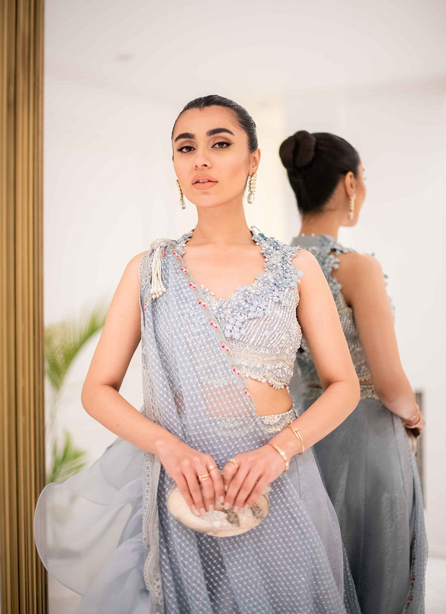 Pakistani Wedgewood Blue Zari Lehenga Saree (3-Piece) - Image 3