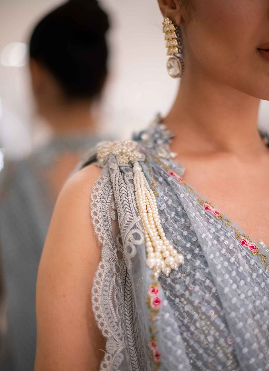 Pakistani Wedgewood Blue Zari Lehenga Saree (3-Piece) - Image 4