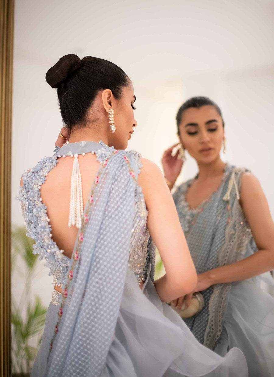 Pakistani Wedgewood Blue Zari Lehenga Saree (3-Piece) - Image 5