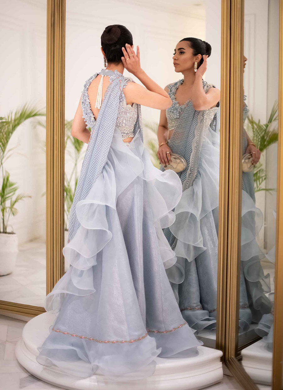 Pakistani Wedgewood Blue Zari Lehenga Saree (3-Piece) - Image 6