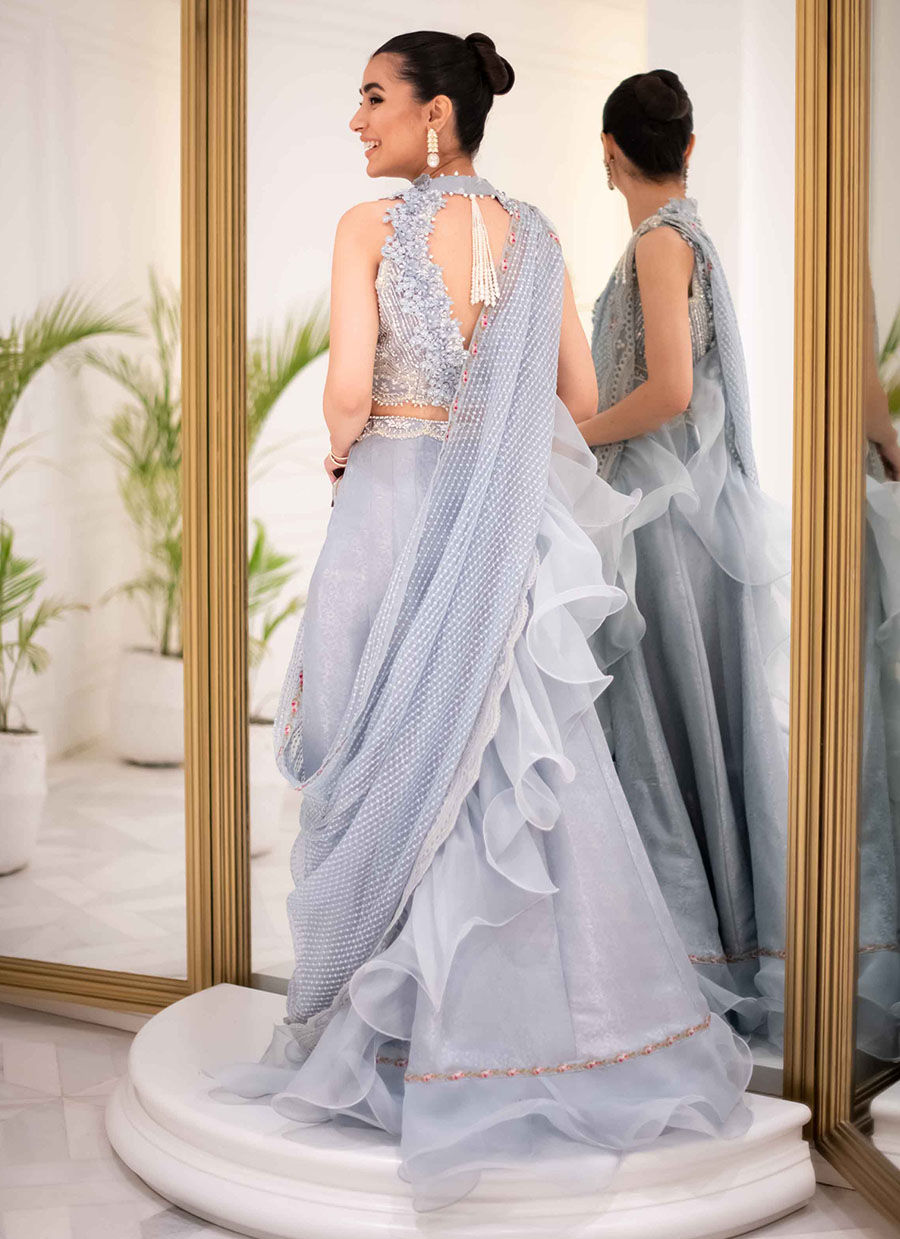 Pakistani Wedgewood Blue Zari Lehenga Saree (3-Piece) - Image 7