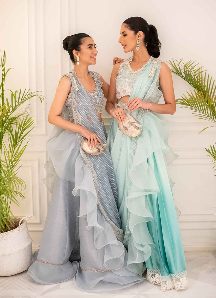 Pakistani Wedgewood Blue Zari Lehenga Saree (3-Piece) - Image 8