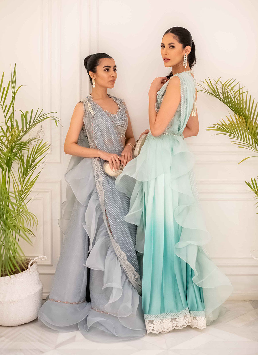 Pakistani Wedgewood Blue Zari Lehenga Saree (3-Piece) - Image 9