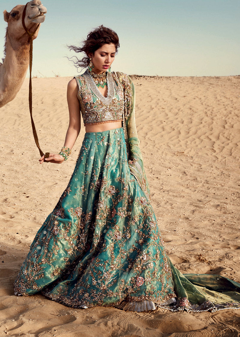 Aqua Hand-Embroidered Zari Net & Tissue Lehenga Choli (3-Piece) - Image 1