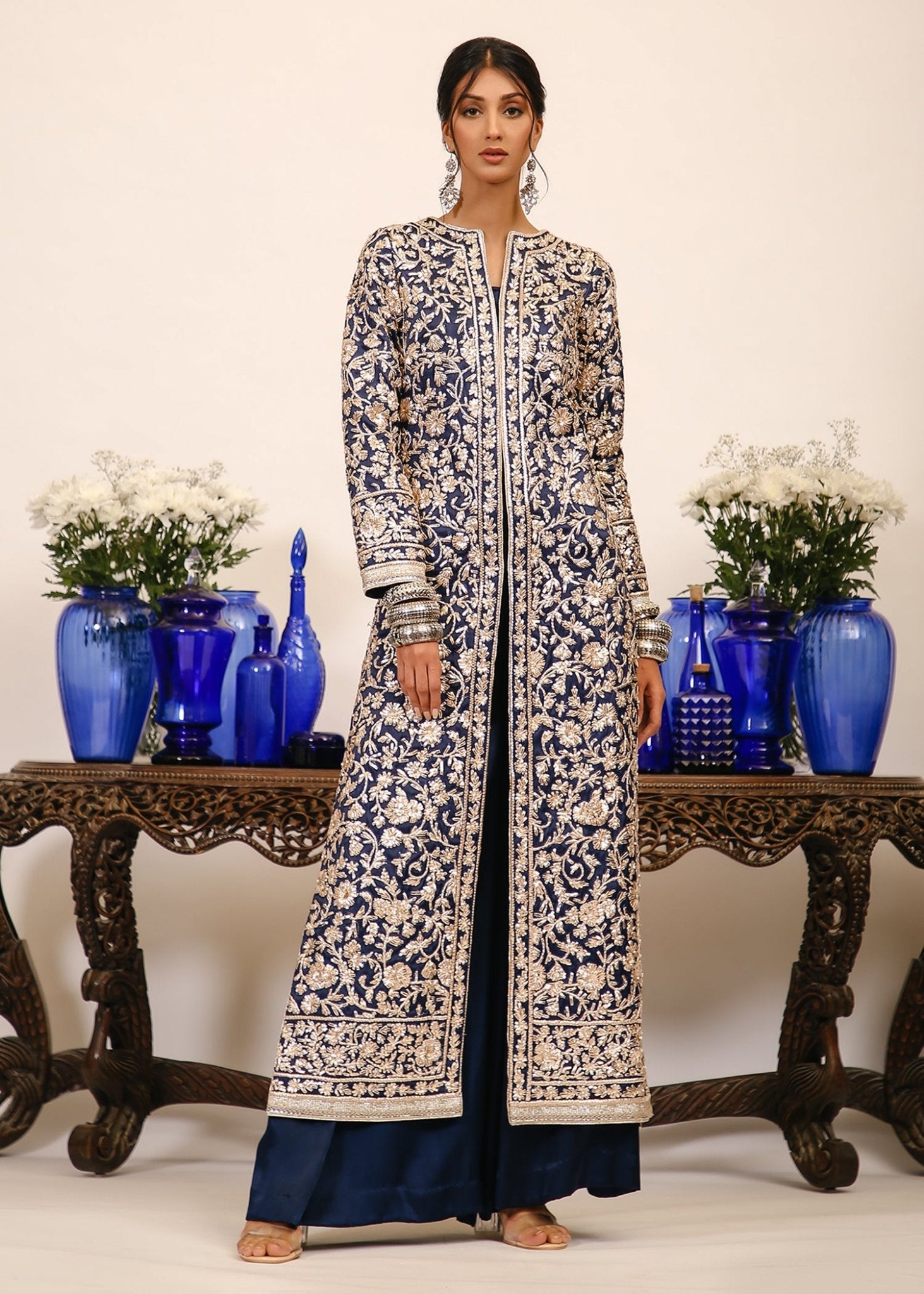 Pakistani Midnight Blue Gota Pani Silk Long Coat (2-Piece) - Image 1