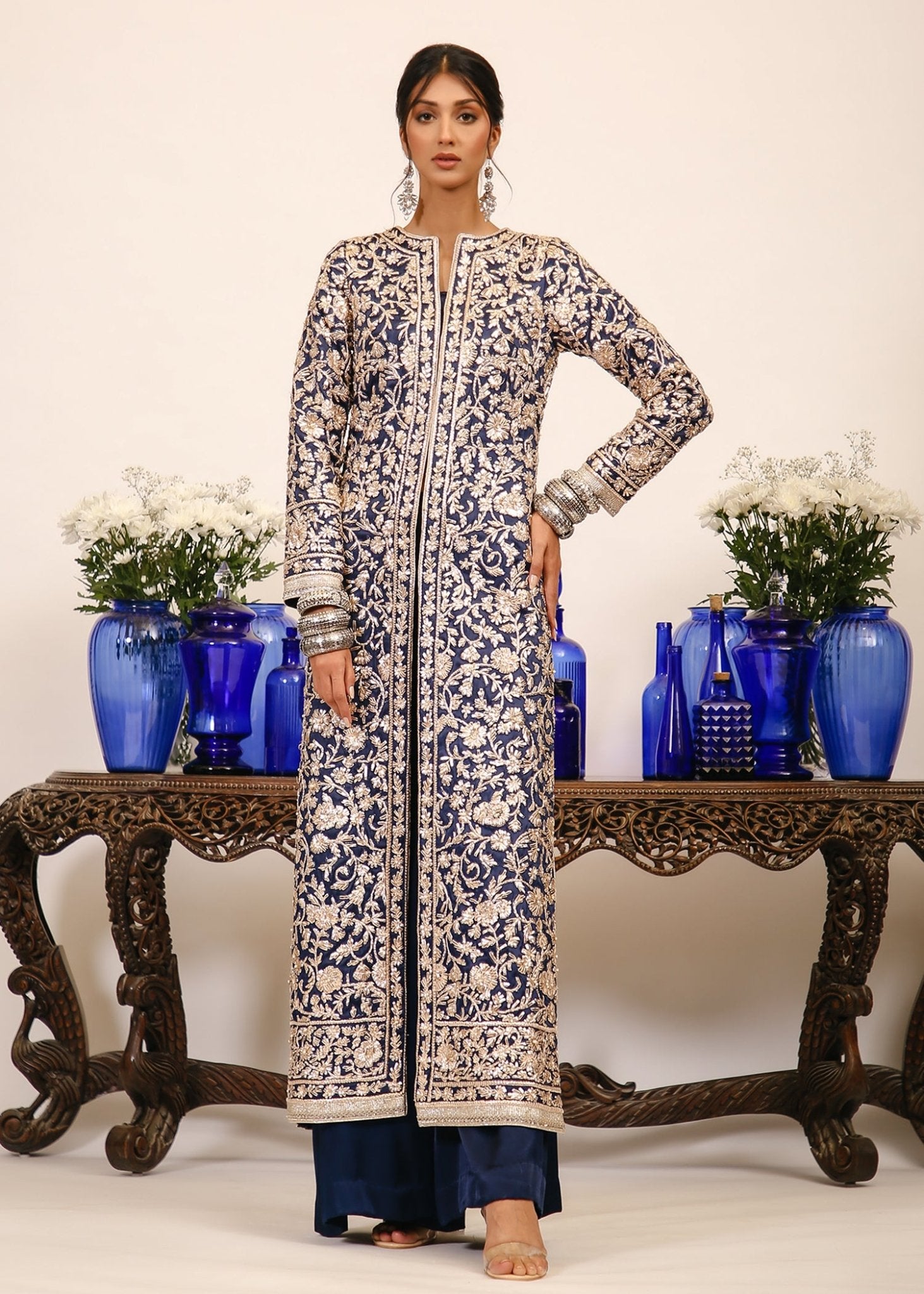 Pakistani Midnight Blue Gota Pani Silk Long Coat (2-Piece) - Image 2