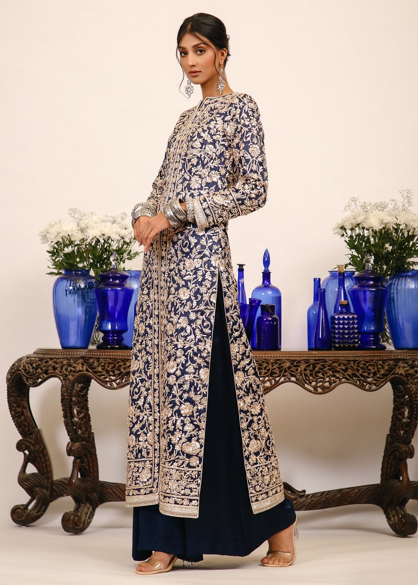 Pakistani Midnight Blue Gota Pani Silk Long Coat (2-Piece) - Image 3
