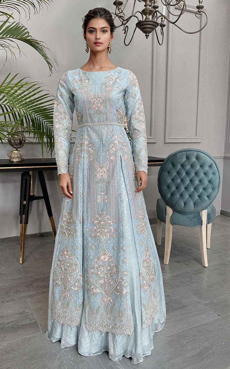 Powder Blue Embroidered Net Maxi (1-Pc) - Image 1