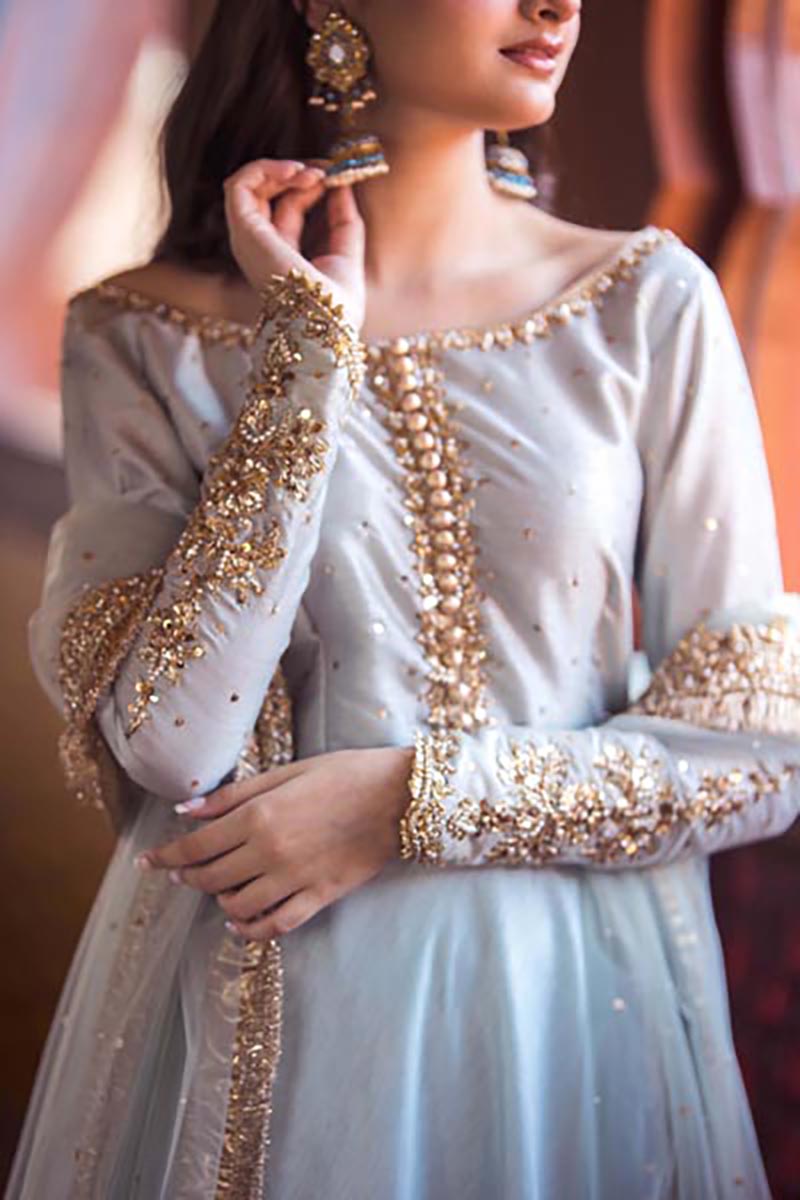 Pakistani Powder Blue Embroidered Raw Silk Maxi (2-Piece) - Image 5