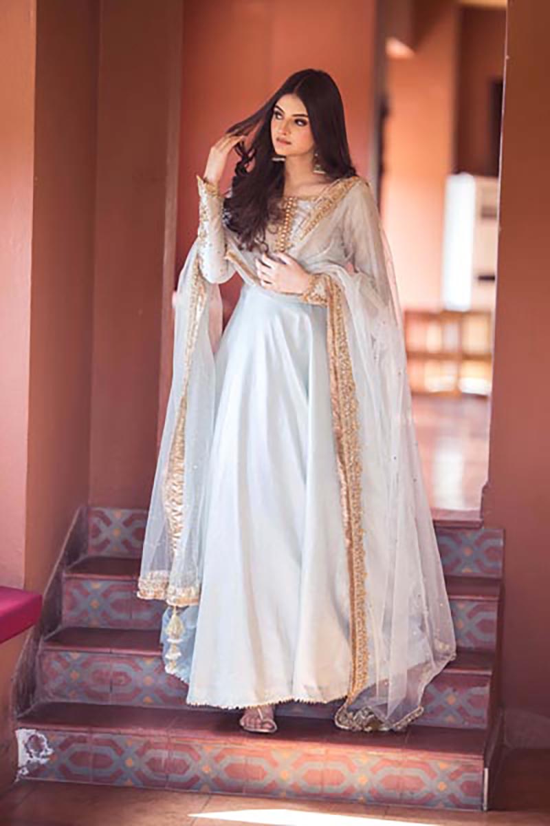 Pakistani Powder Blue Embroidered Raw Silk Maxi (2-Piece) - Image 7