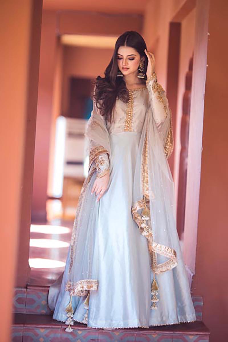 Pakistani Powder Blue Embroidered Raw Silk Maxi (2-Piece) - Image 8