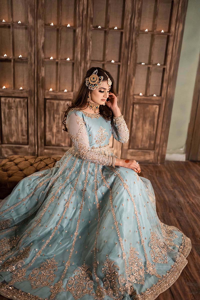 Pakistani Powder Blue Embellished Net Maxi Dress (3-Piece) - Image 1